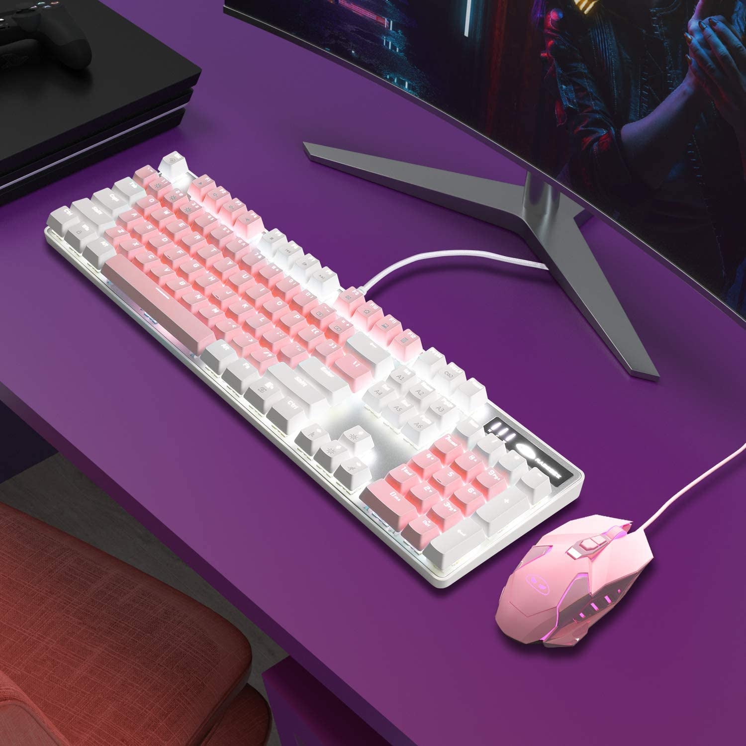 Mechanical Gaming Keyboard, New Upgraded Blue Switch 104 Keys White Backlit Keyboards, USB Wired Mechanical Computer Keyboard for Laptop, Desktop, PC Gamers(White & Pink)